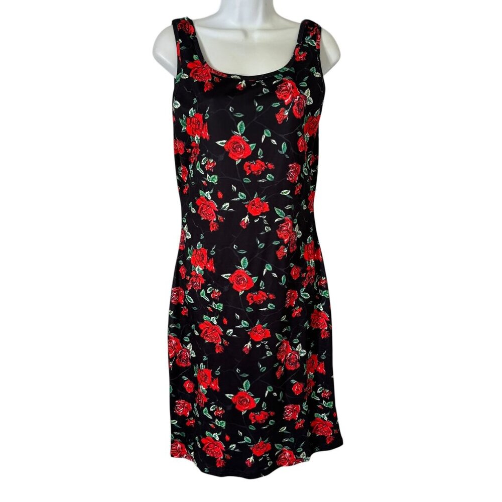Floral Sleeveless Bodycon Dress Medium Black Red Scoop Neck Stretchy Sheath